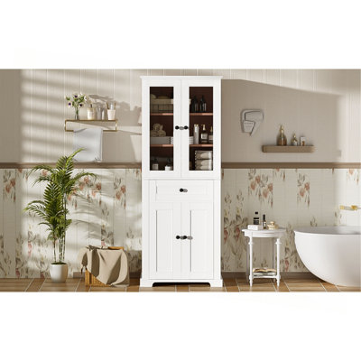 Armoire de rangement de 67,57 po de hauteur avec portes en verre trempé, tablettes réglables et tiroir - tour à linge autoportante moderne, conception à fermeture en douceur