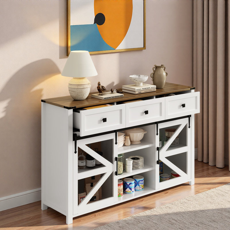 Sideboard Buffet Cabinet With Sliding Barn Door, 3 Drawers, Adjustable Shelves, Metal Mesh And Aluminum Handles, White