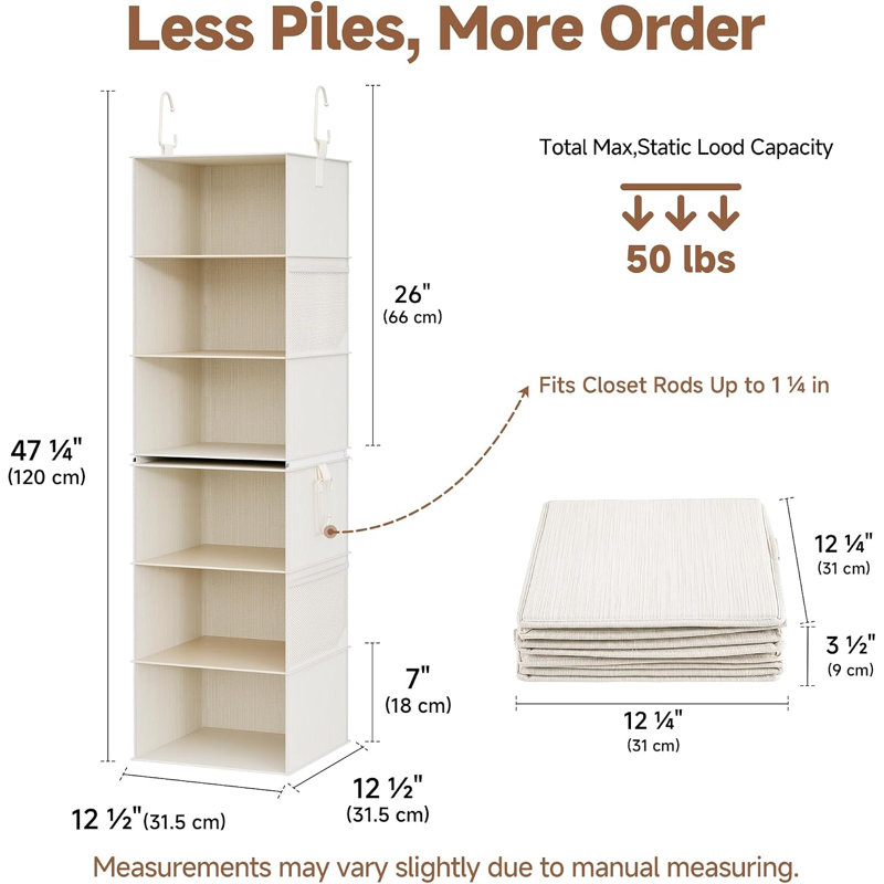 Organisateur de garde-robe à 6 tablettes, 2 tablettes suspendues séparables à 3 tablettes, blanc et ivoire, White