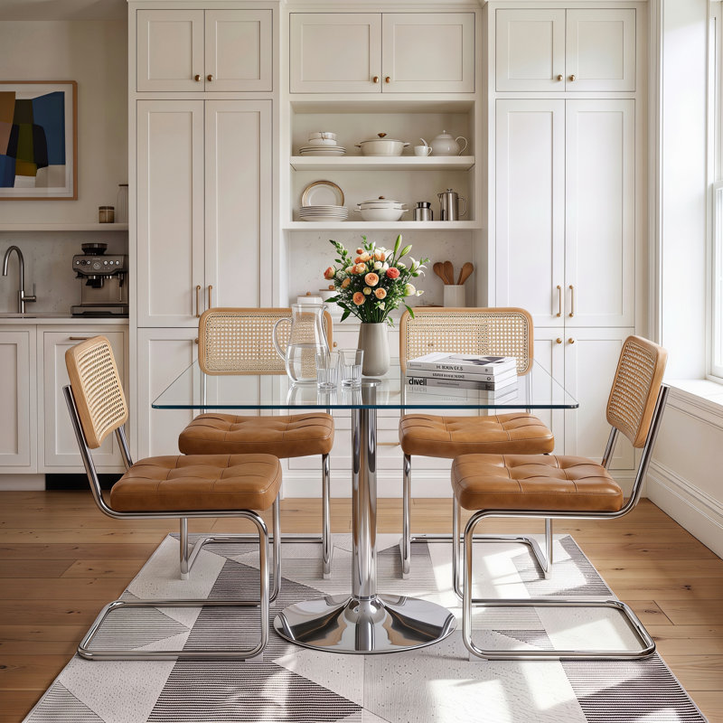 Ensemble de table de salle à manger 39 po en verre trempé pour 4 personnes avec chaises à dossier canne chromé, Brown