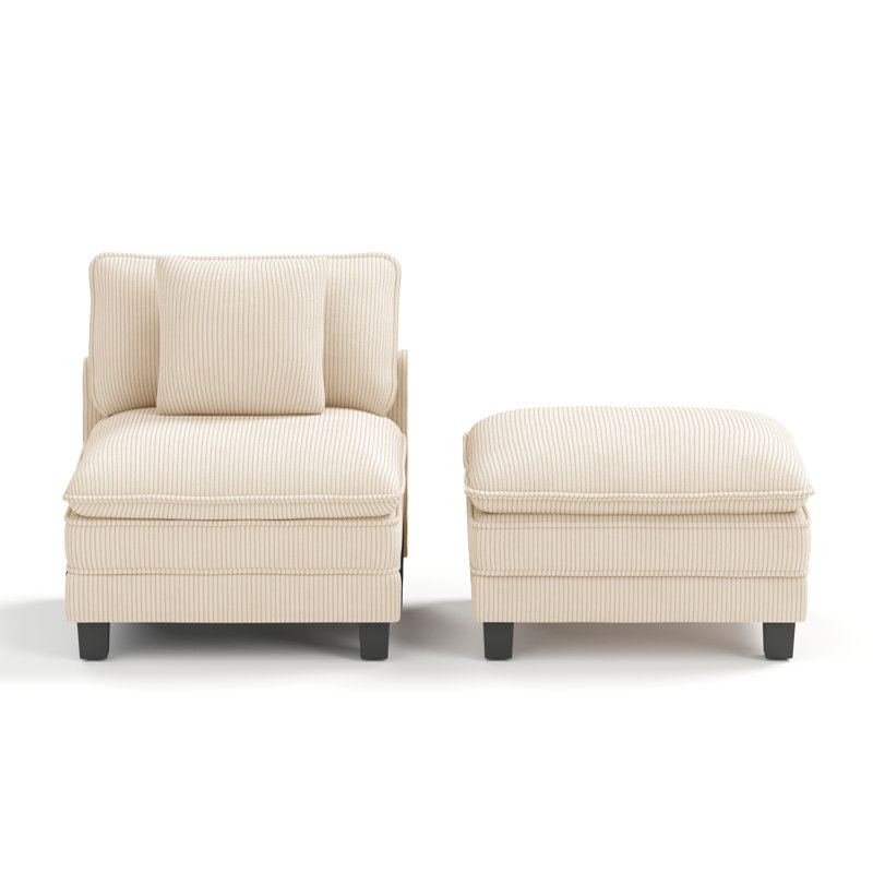 Upholstered Corduroy Armchair With Ottoman, White Corduroy