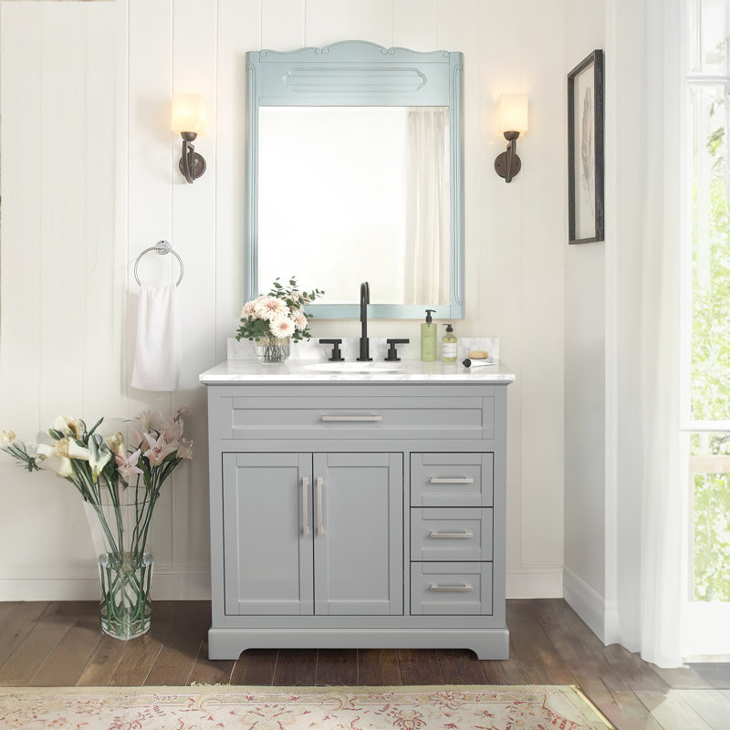 Meuble-lavabo 36 po avec plateau en marbre Auben Auben, Blanc / gris