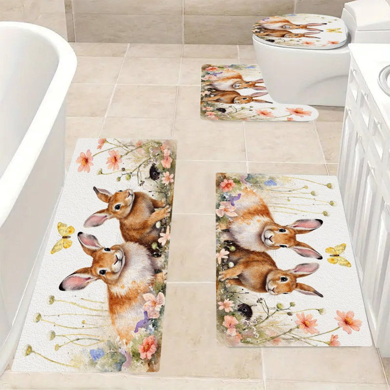 Ensemble de tapis de bain Watercolor Bunnies in Spring, 4 pièces pour la toilette