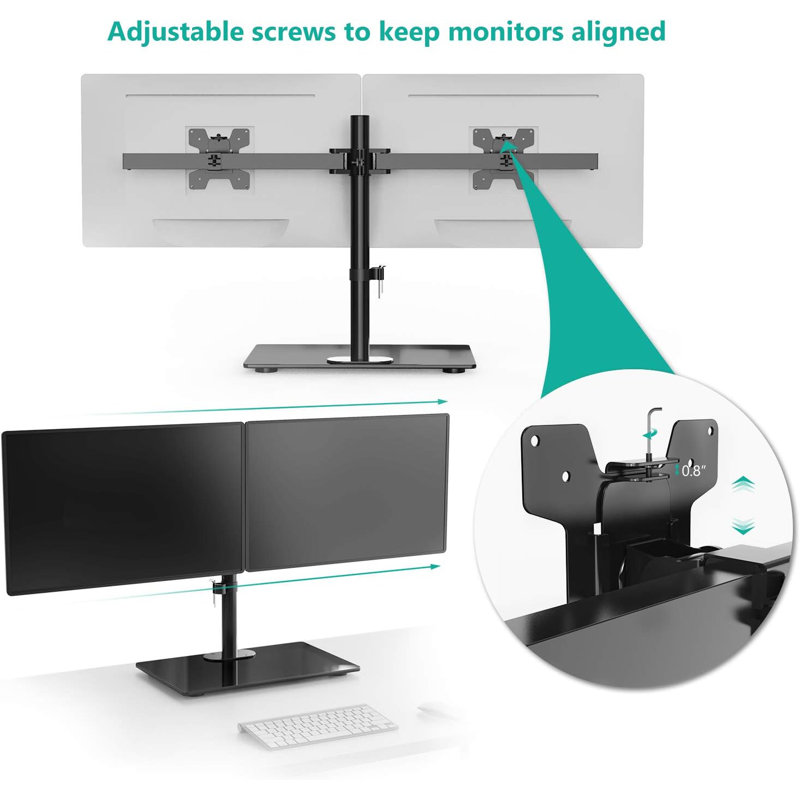 Free Standing Dual Monitor Stand, Height Adjustable Monitor Mount With Glass Base, Fits LCD LED Flat Curved Screen Up To 27 Inch, 22Lbs, With Grommet Base