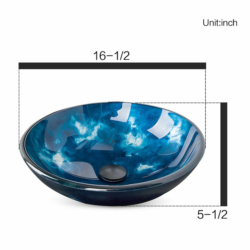 Lavabo de salle de bain vasque circulaire en verre trempé bleu martelé à la main avec robinet