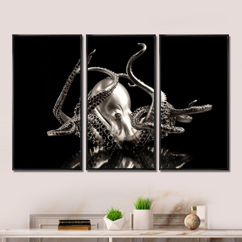 Pieuvre argentée - ensemble de 3 toiles abstraites encadrées, Noir, H 28 po x l 36 po