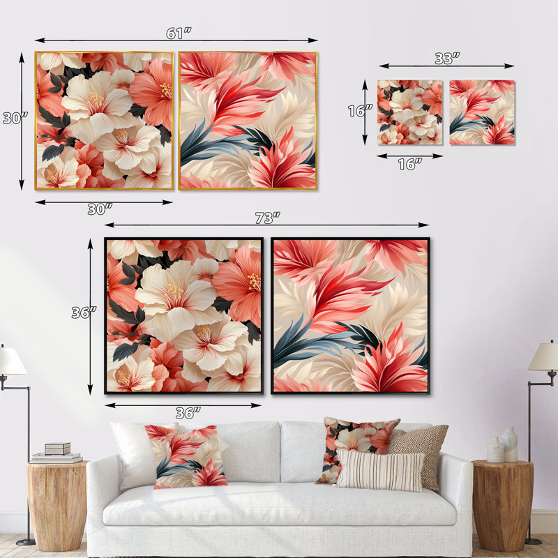 Coffeen - Ensemble de 2 collages carrés floraux, H 16 po x l 33 po, Cadre flottant blanc