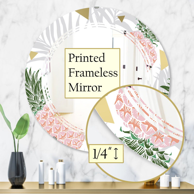 Triple C Coastal Frameless Wall Mirror, 31.5" H x 31.5" W, Triple C Pineapple on Tropical Leaves