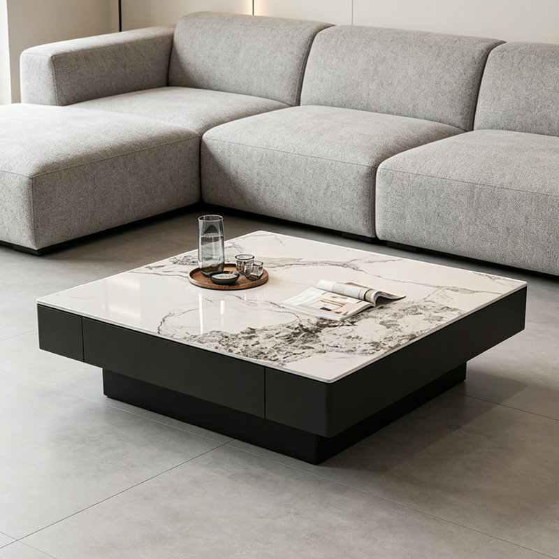 Light luxury square stone slab coffee table, 15" H x 31.5" L x 31.5" W