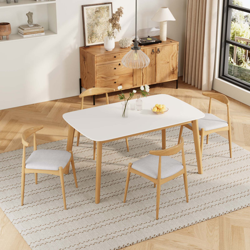 Ensemble de salle à manger 5 pièces Mid-Century Modern - Table en bois massif et 4 chaises, Beige / Naturel