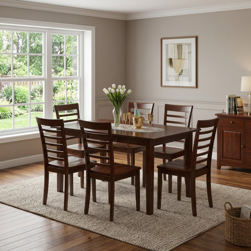 Ensemble de table de cuisine rectangulaire en bois dur asiatique acajou avec rallonge et chaises à dossier échelle
