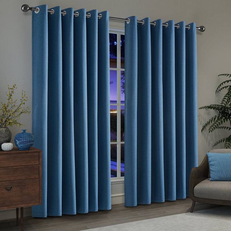 Linen Blend Blackout Curtain Panel Pair, Blue, 168cm Width x 137cm Drop