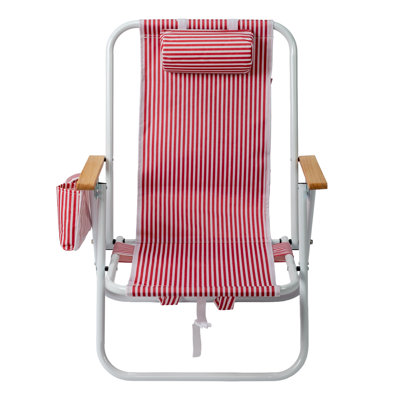 4-position adjustable backpack beach chair,foldable rustproof aluminum frame lounge chair with wooden armrest, side storage pockets and detachable pillow,holds up to 265 lbs,red white vertical stripe,24"×22"×37",outdoor patio camping lawn chair