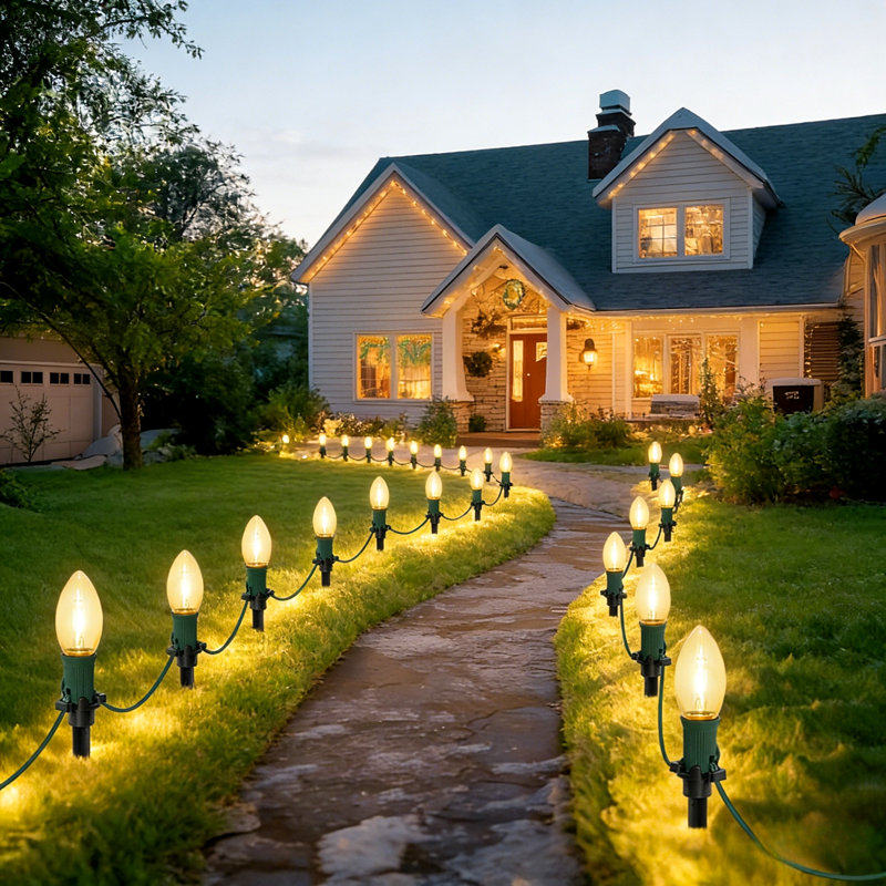 Éclairage de sentier d'extérieur 45 pi avec piquets 45 pi, 30 grandes ampoules, guirlandes lumineuses douces pour l'extérieur