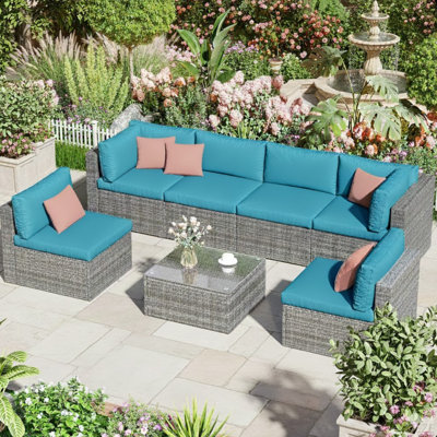 7-Piece All-Weather Wicker Couch Patio Set With Removable Cushions And Glass Coffee Table For Patio, Poolside & Backyard