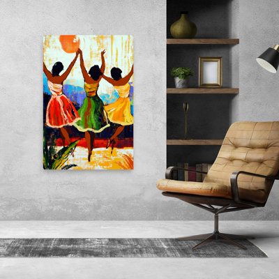 «Joyful Dancing Women», art abstrait coloré et coloré, paysage d'été