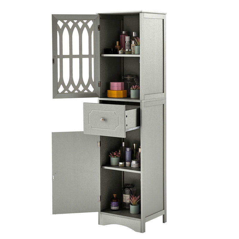 Freestanding Grey Bathroom Cupboard - Board With Adjustable Shelf, Drawer, And Doors Tall Doors, Shelf, Gray