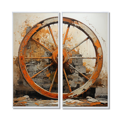 Orange Old Cart Wheels III - Transportation Old American Cart Wall Art