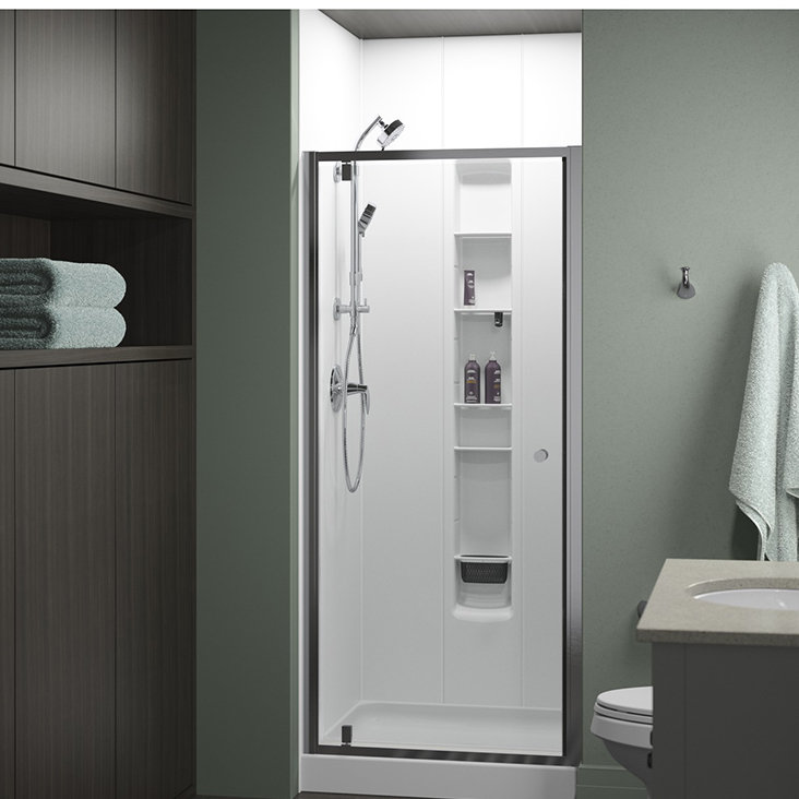 Whiston 36 po x 74-7 / 8 po Porte de douche pivotante avec cadre en argent et texture de verre lisse / transparente