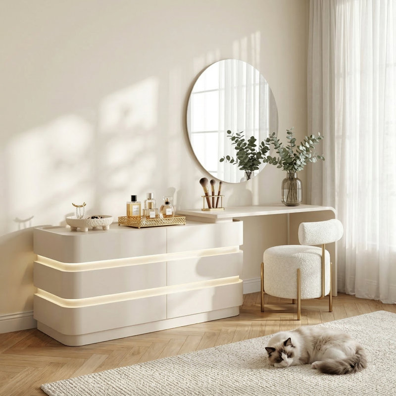 Bureau de meuble-lavabo moderne à DEL avec grands tiroirs de rangement, meuble-lavabo à plateau en verre trempé extensible de 45,12 po à 96 po, coiffeuse en L ou droite, sans assemblage requis