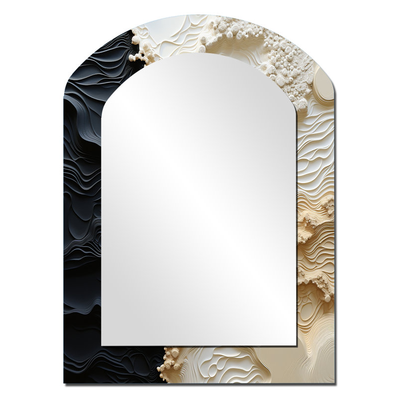 Abstract Cream And Black Liquid Paint - Coastal Arch Decorative Mirror, Cream Asymmetrical Wall Mirror, Printed Metal Art