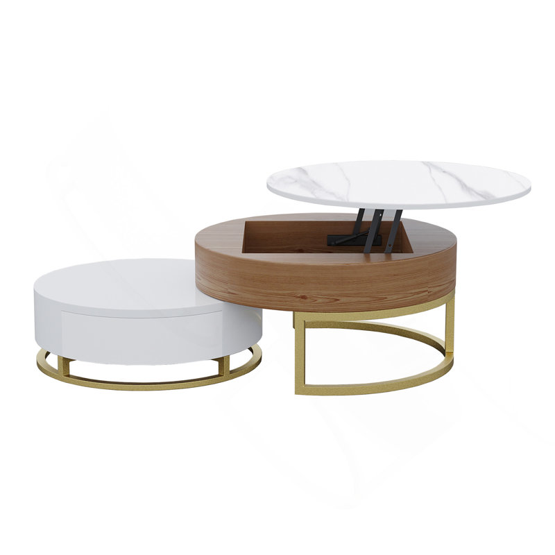 Table basse à plateau relevable rond en bois blanc naturel de 31,5 po et 27,56 po, Naturel