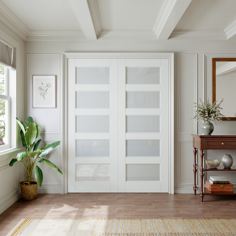 Intérieur de la porte en verre givré 5-Lite, porte en dalle française apprêtée à noyau solide, verre trempé certifié SGCC, pré-fini et facile à faire soi-même en satin, sans quincaillerie, garde-manger, chambre à coucher, salle de bain et garde-robe "x 96"