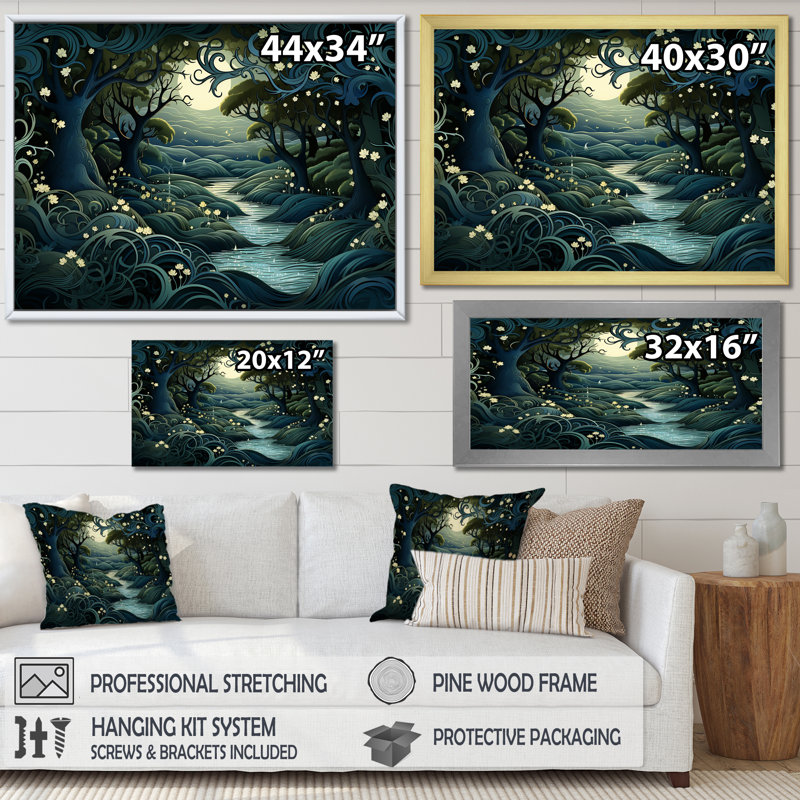 «Jungle River Collage At Night 2», art mural Jungle, Cadre d'angle fermé noir, H 16 po x l 32 po x P 1 po