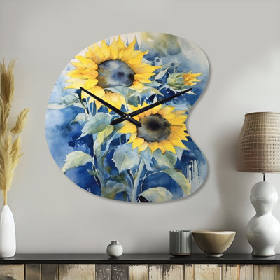 Jaune jaune bleu tournesol doré - horloges murales asymétriques florales en métal, impression d'horloge murale de forme unique jaune