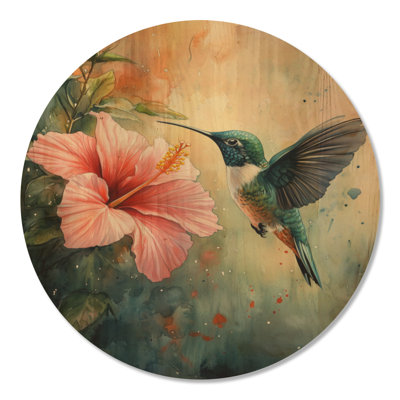 Colibri et hibiscus - impression d'art mural rond en bois botanique