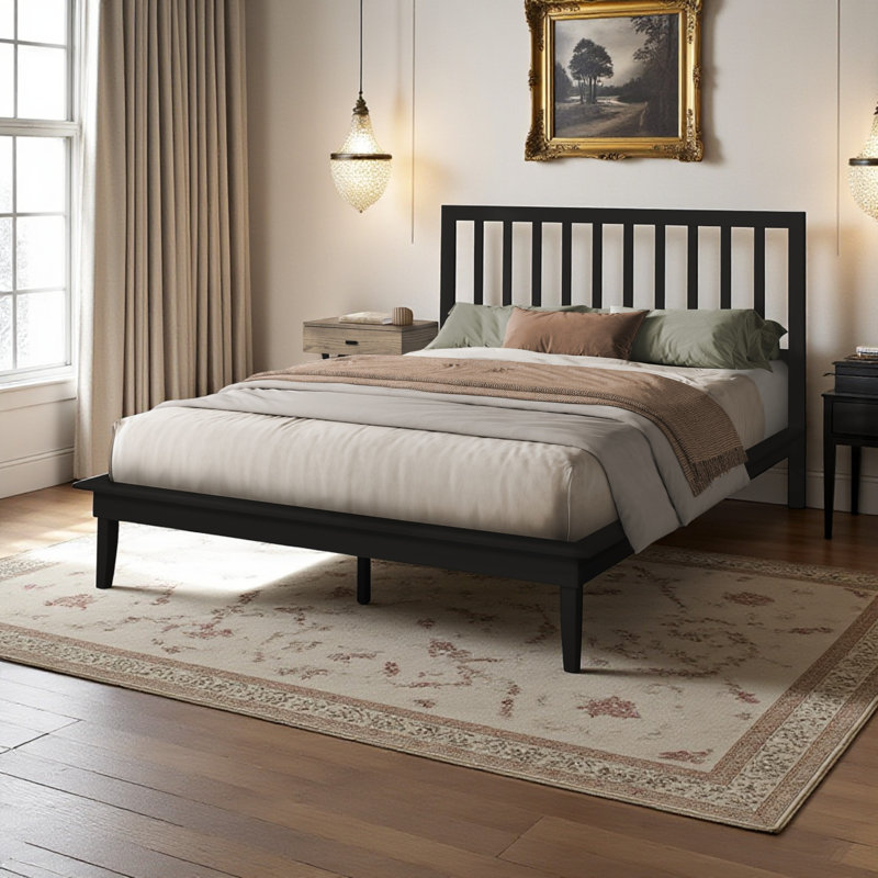 Grand lit plateforme avec cadre en bois noir Saxton, H 47,04 po x l 66,06 po x L 84,32 po