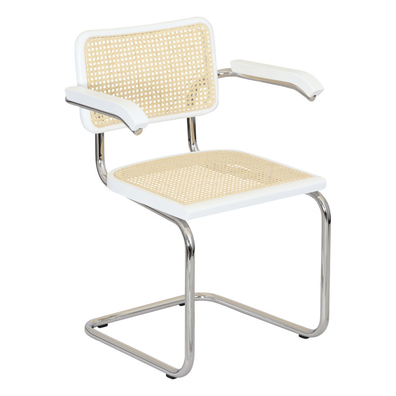 Marcel Breuer Cesca Cane Cantilever Dining Armchair Arm Chair, White/Natural/Chrome