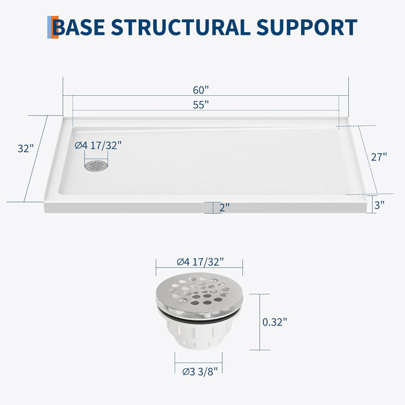 Drain Shower Pan - Single Threshold Base, Non-Slip Textured Surface, Lightweight ABS Shower Base, Easy Install Includes Drain Kit
