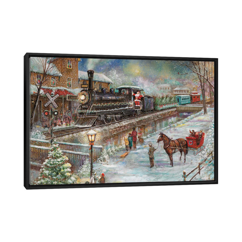 Train de Noël par Ruane Manning - reproduction d'art, H 32 po x l 48 po x P 1,5 po, Toile avec cadre noir, Aucun mat