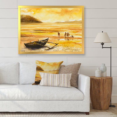 Groupe de personnes sur une plage au coucher du soleil - peinture sur toile