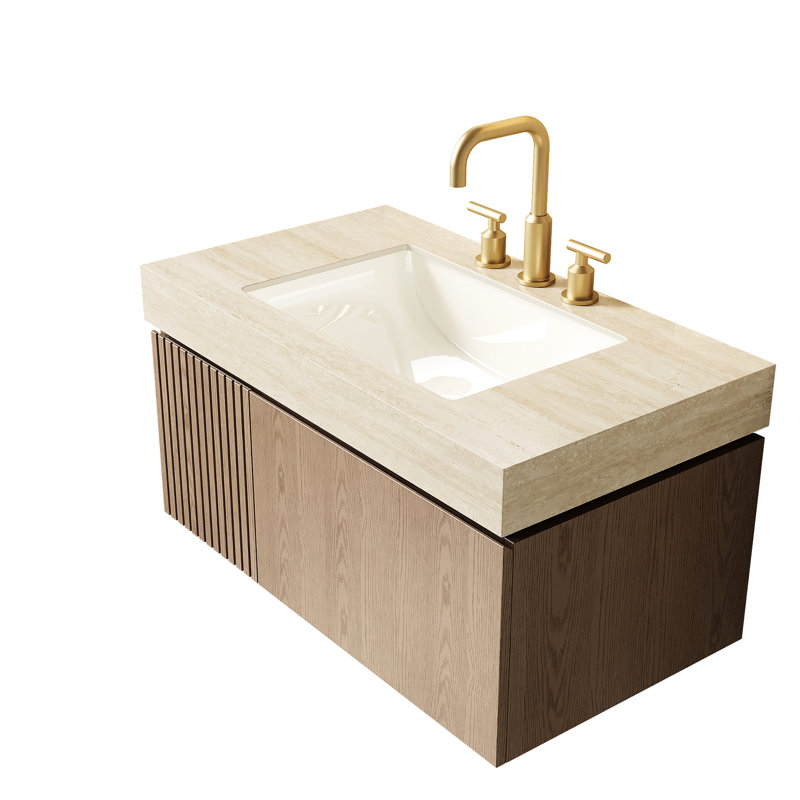 Comptoir en pierre frittée de 91,4 cm (36 po) avec motif et lavabo en céramique encastrée avec trois trous pré-percés pour robinetterie, excellente résistance aux hautes températures, couleur principale beige, profondeur du produit de 89,2 cm (35,13 po).
