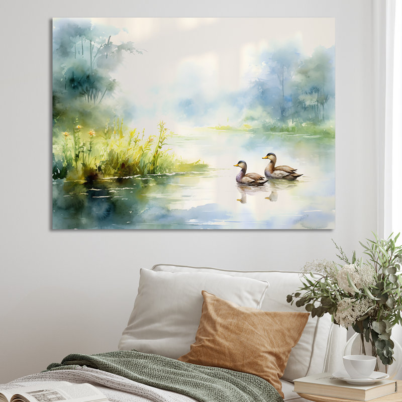 Canards qui nagent à l'aquarelle d'un étang printanier, H 30 po x l 40 po x P 1,5 po, Toile tendue