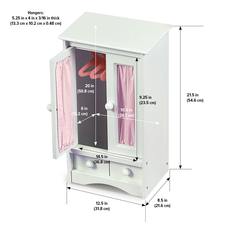 White and Pink Gingham Doll Armoire with MDF and Wood