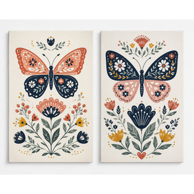 Grand ensemble de 2 art mural papillon scandinave pour chambre d'enfant, impression d'art populaire floral nordique sur toile 16 x 24 po - prêt à être accroché