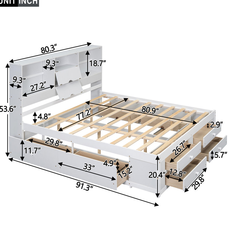 Lit plateforme très grand blanc avec tête de lit avec rangement et 8 tiroirs arrondis, mat