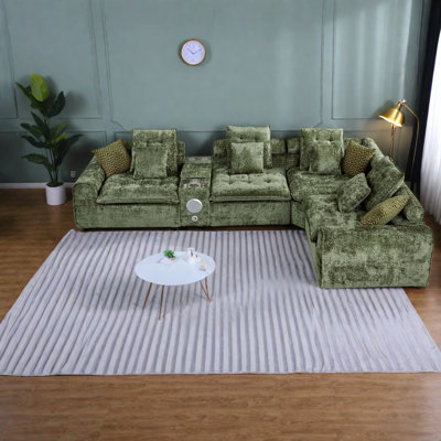 Canapé d'angle modulaire surdimensionné en boucle verte, 350 cm (137,7 po) avec rangement