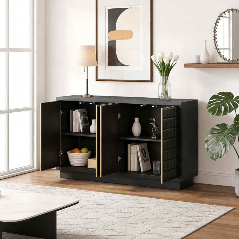Armoire de rangement moderne à 4 portes avec portes géométriques 3D, Noir