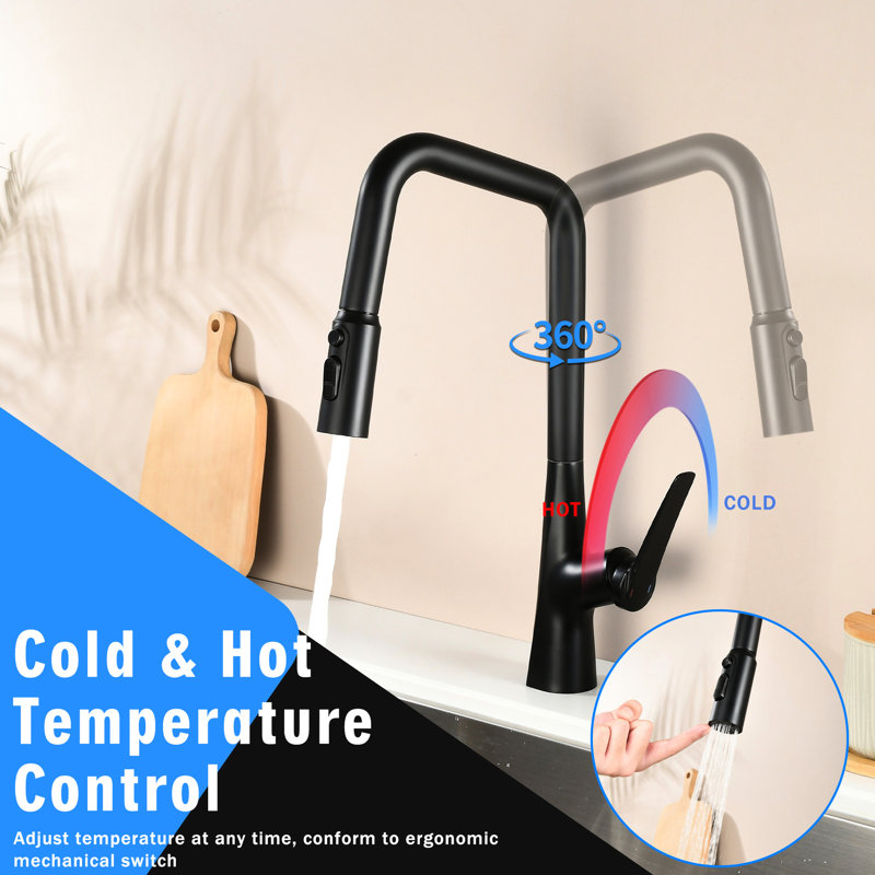 Matte Black, Single Hole, Kitchen Faucet, 3 Function, 360 , One Touch Switching, 23.6 In Pull-Out Hose, Water Flow Modes, Easy Installation, Tall Pull Down Style, Metal Material, Ceramic Cartridge