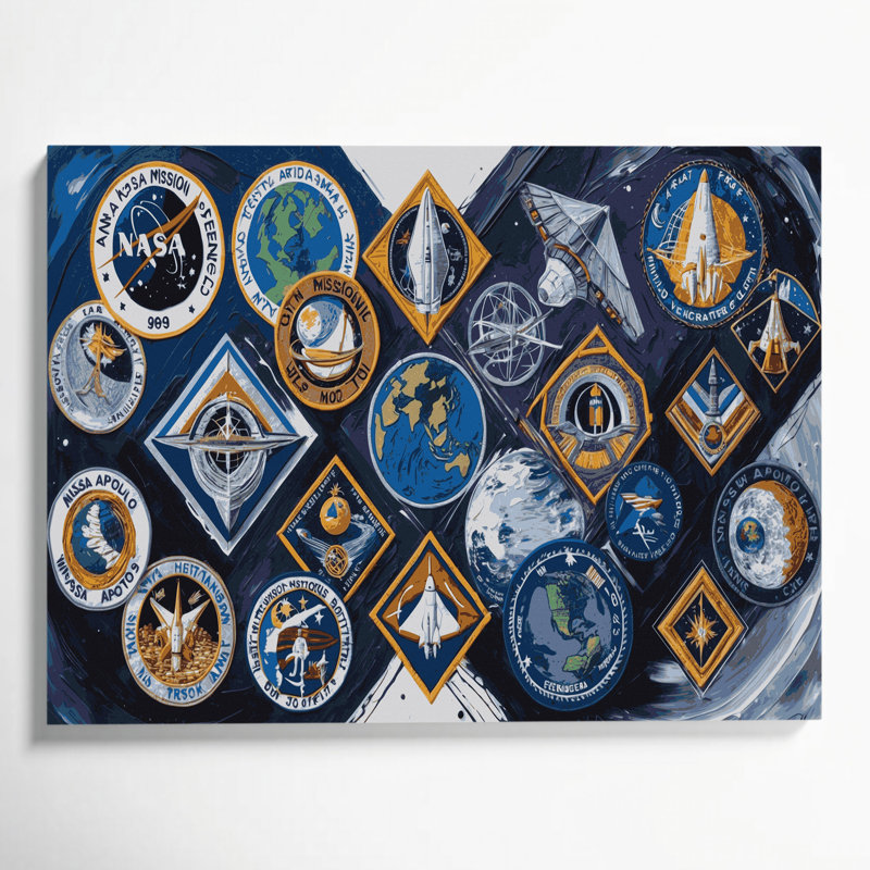 «Space Moon Landing Mission Patchs», art mural sur toile grise, H 16 po x l 20 po
