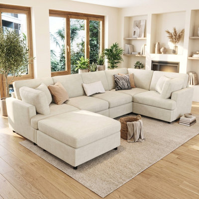127" Modular U-Shaped 6-Piece Sectional Sofa with Movable Ottoman and Chenille Fabric