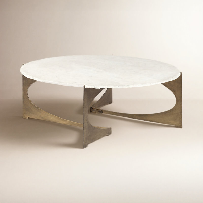 Giles 49" Round White Marble Top Gold Metal Base Coffee Table, White Top/Antique Gold Base