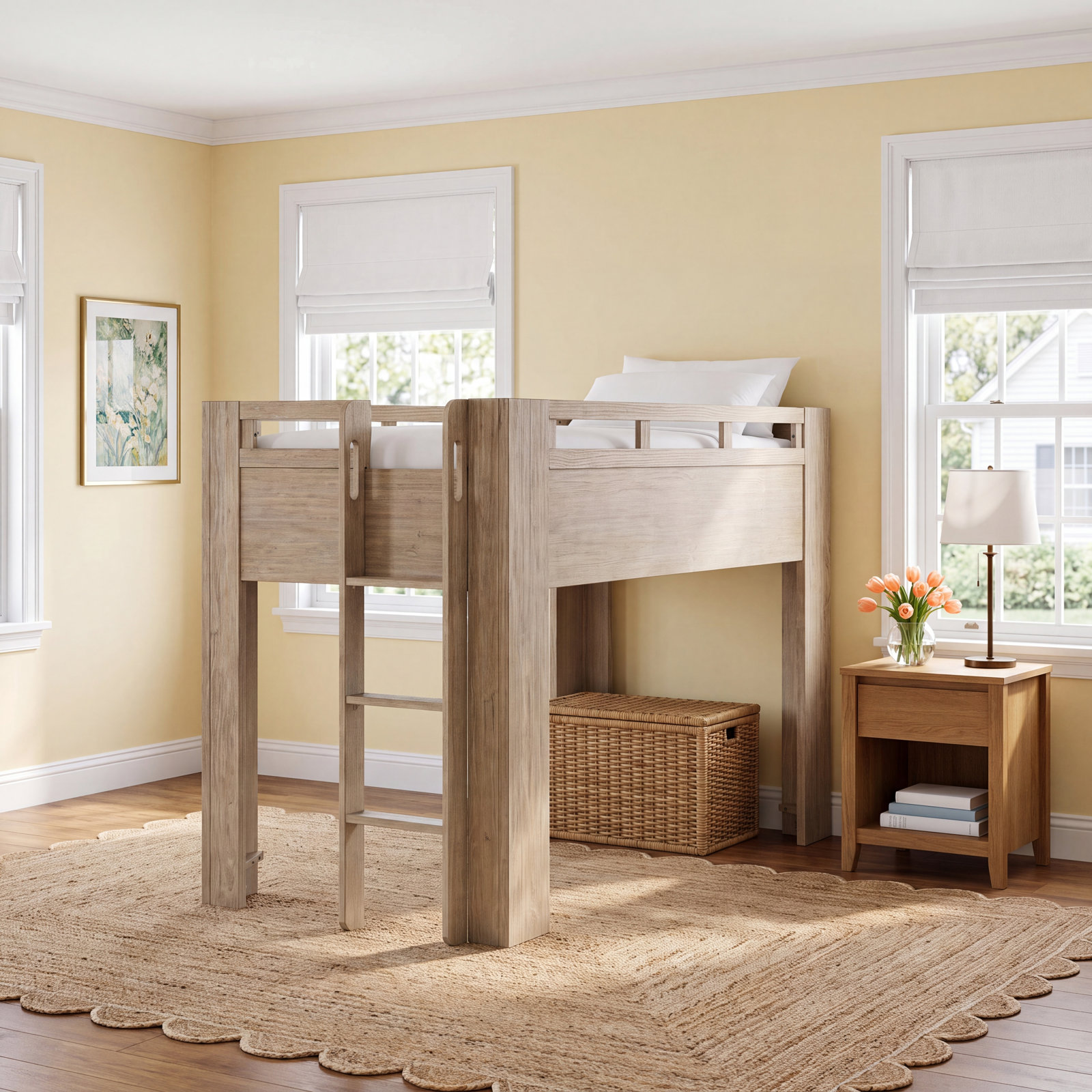 Albie Pine Low Loft Bed, Full, Sandstone
