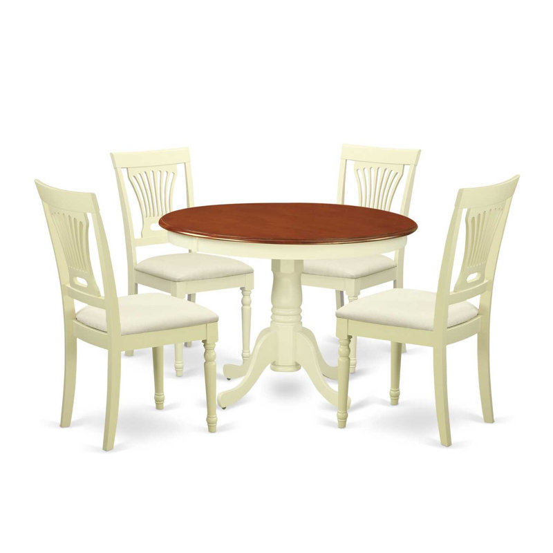 5 Piece Modern Dining Table Set Includes a Round Wooden Table with Pedestal and 4 Linen Fabric Kitchen Dining Chairs, Buttermilk & Cherry