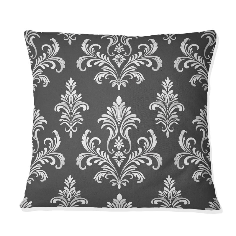 Coussin décoratif gris et blanc à motif damassé II, H 16 po x l 16 po