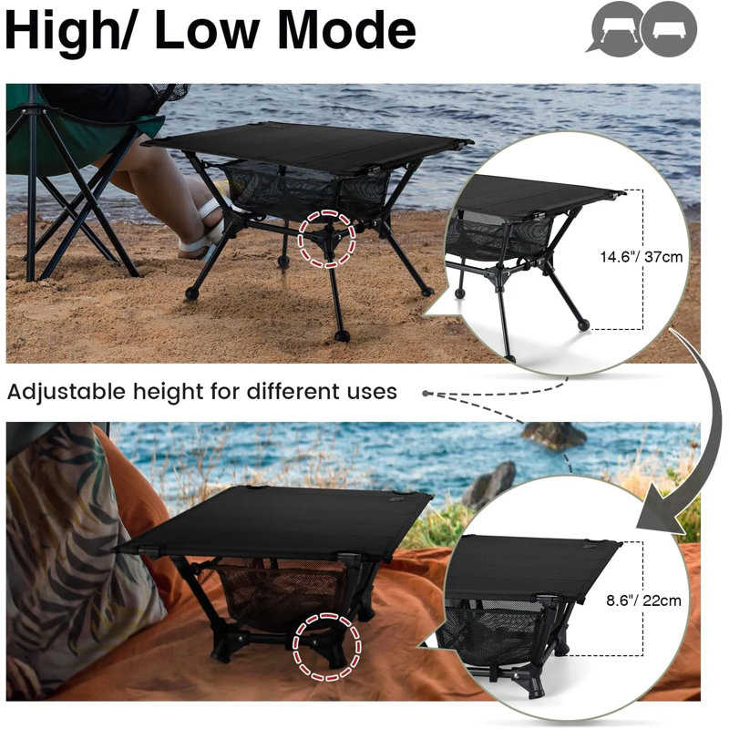 Table de camping, table pliante portable légère avec filet de rangement en filet, options haute / basse, idéale pour le camping, la randonnée pédestre, la fête d'avant-match, la plage, le pique-nique, les voyages, la cour